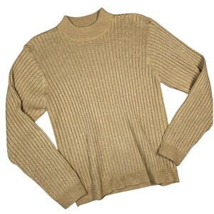 Vintage Ashley Hill Ribbed Mock Neck Gold Metallic Sweater Large Long Sleeve 90s